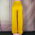 Yellow Pleated High Waist Elastic Zipper Ruffled Women Wide Leg Pants